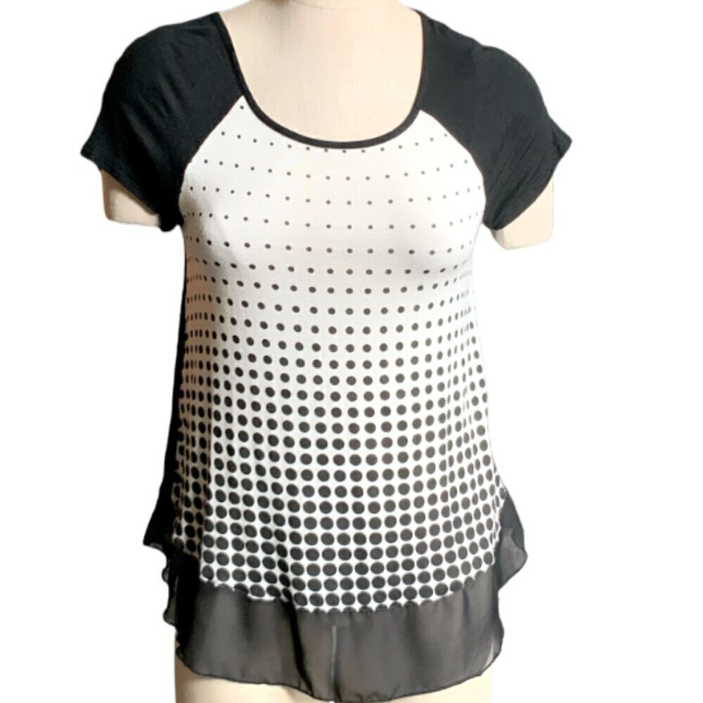 French Blue Top Mixed‎ Media Geometric Dot, Solid, & Chiffon Sz PS 39J